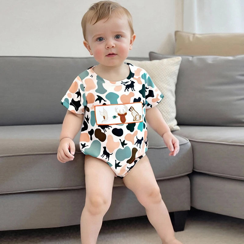 Lioraitiin Newborn Baby Boys Summer Jumpsuit Casual Dog Camouflage Print Embroidery Short Sleeve Romper Cute Clothes