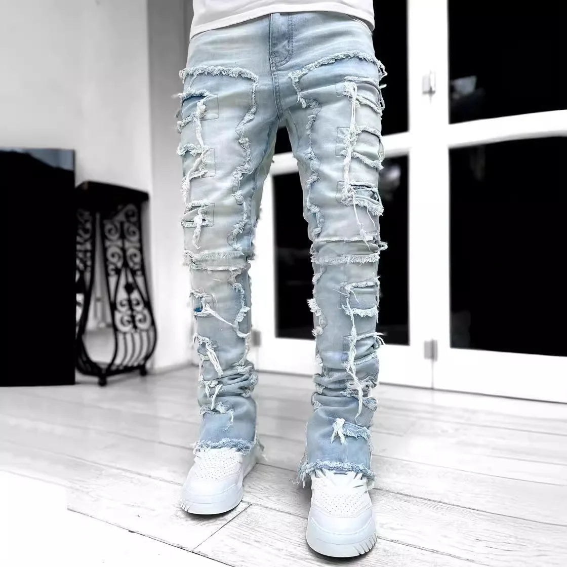New Mens Denim Straight Leg PantsStreet Fashion InsElastic Waist Stretch Jeans Casual Trousers