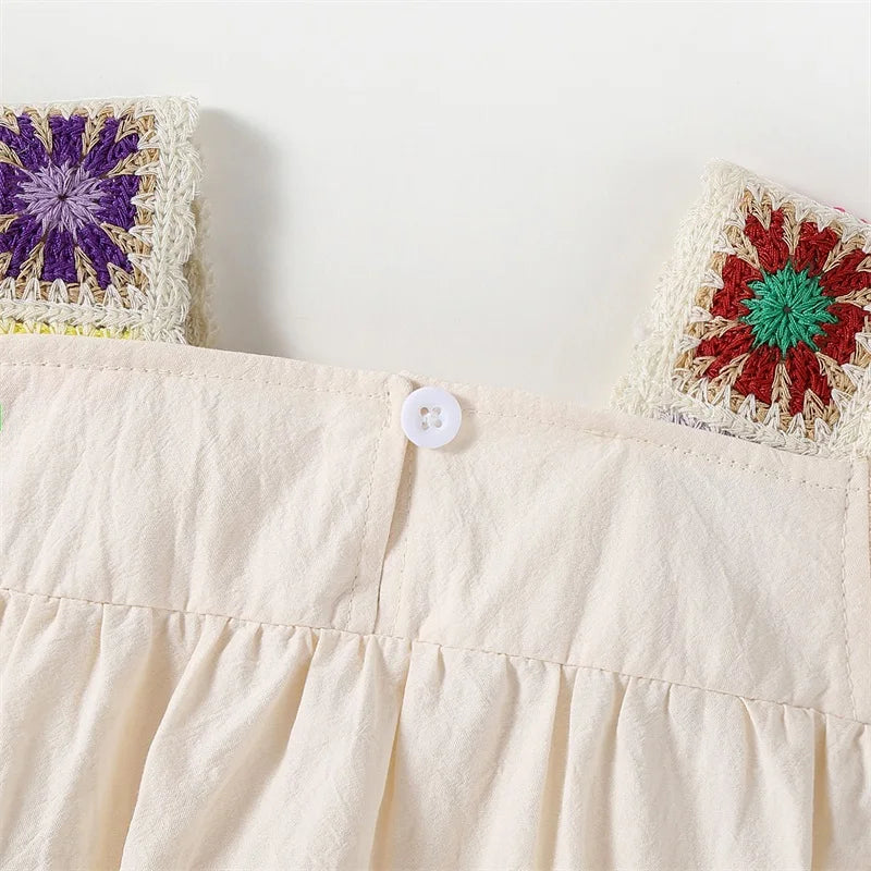 2025-02-07 Lioraitiin Newborn Baby Girl Summer Romper Fly Sleeve Square Neck Crochet Flower Bodysuit Playsuit