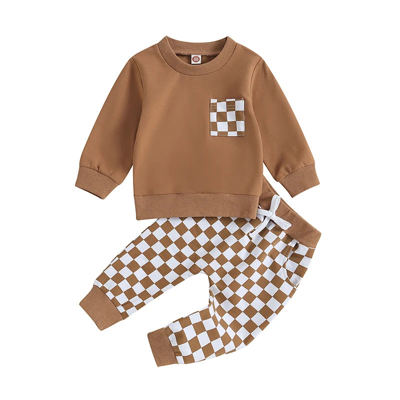 Lioraitiin 0-3Y Toddler Baby Boys Clothes Sets Long Sleeve Sweatshirt Tops and Checkerboard Print Drawstring Pants Tracksuit Set