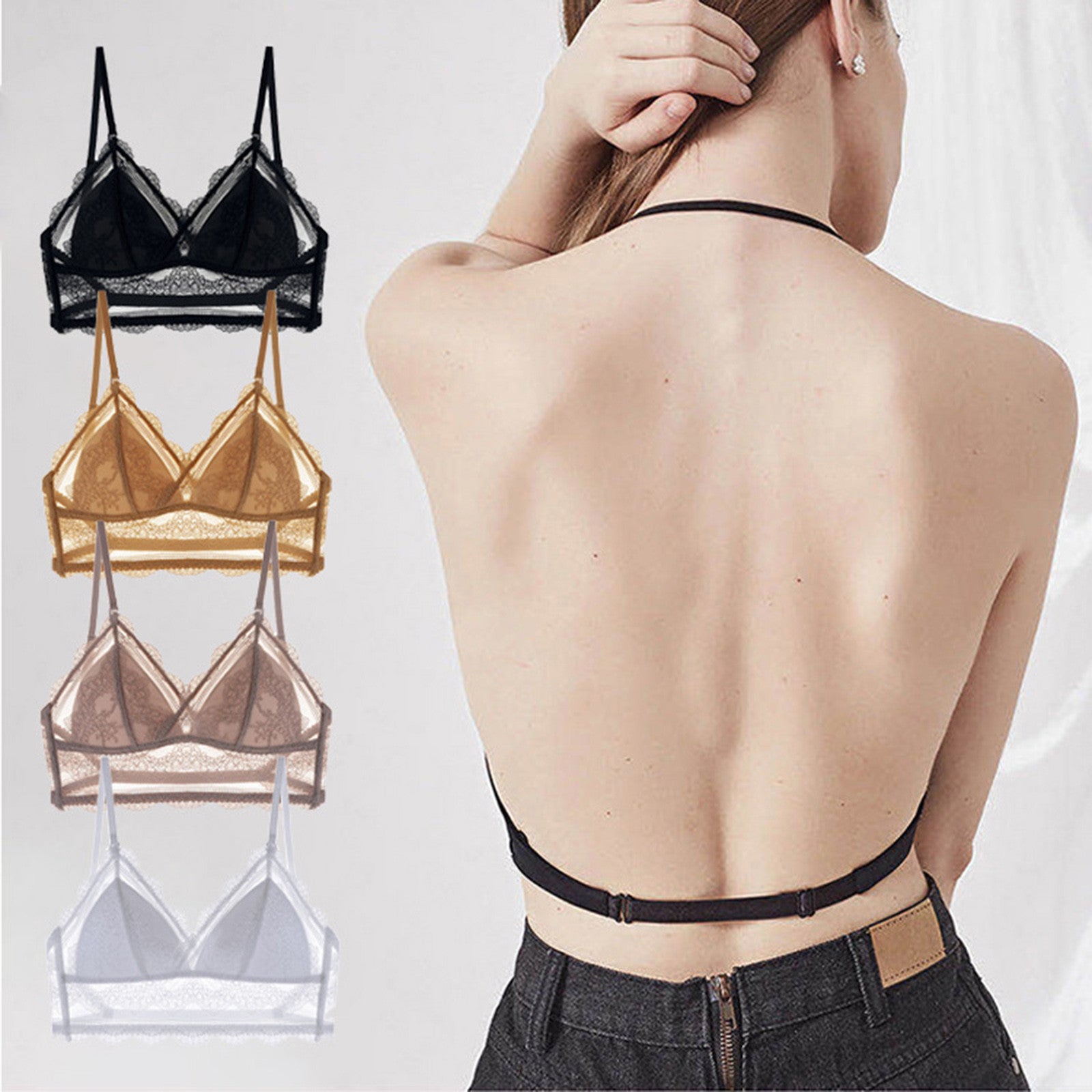 Sexy Low Back Bras Ladies U Backless Invisible Lace Wireless Bra Bralette Mesh Ultra Thin Seamless Underwear Women Lingerie