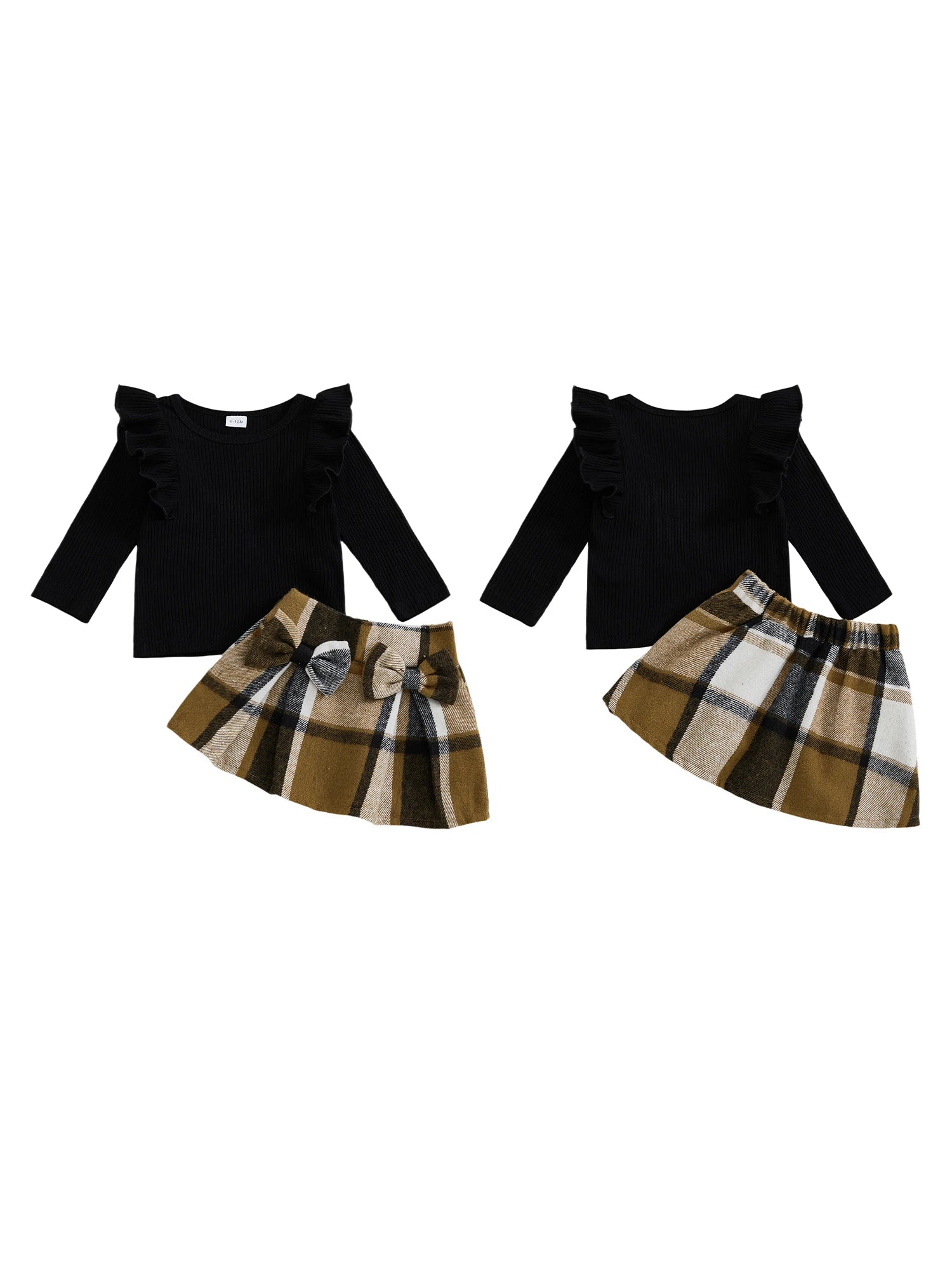 Lioraitiin Toddler Girls Autumn 2PCS Skirt Outfits Flying Sleeve Solid Color Tops A-line Plaid Skirt Set