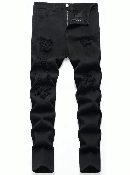 Men's slim fit perforated black denim pants