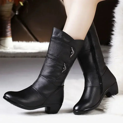 2024 Middle Boots Winter Women's Korean Style Low Heel Solid Color Fleece Warm Plus Size Outdoor Anti-Skid Boots