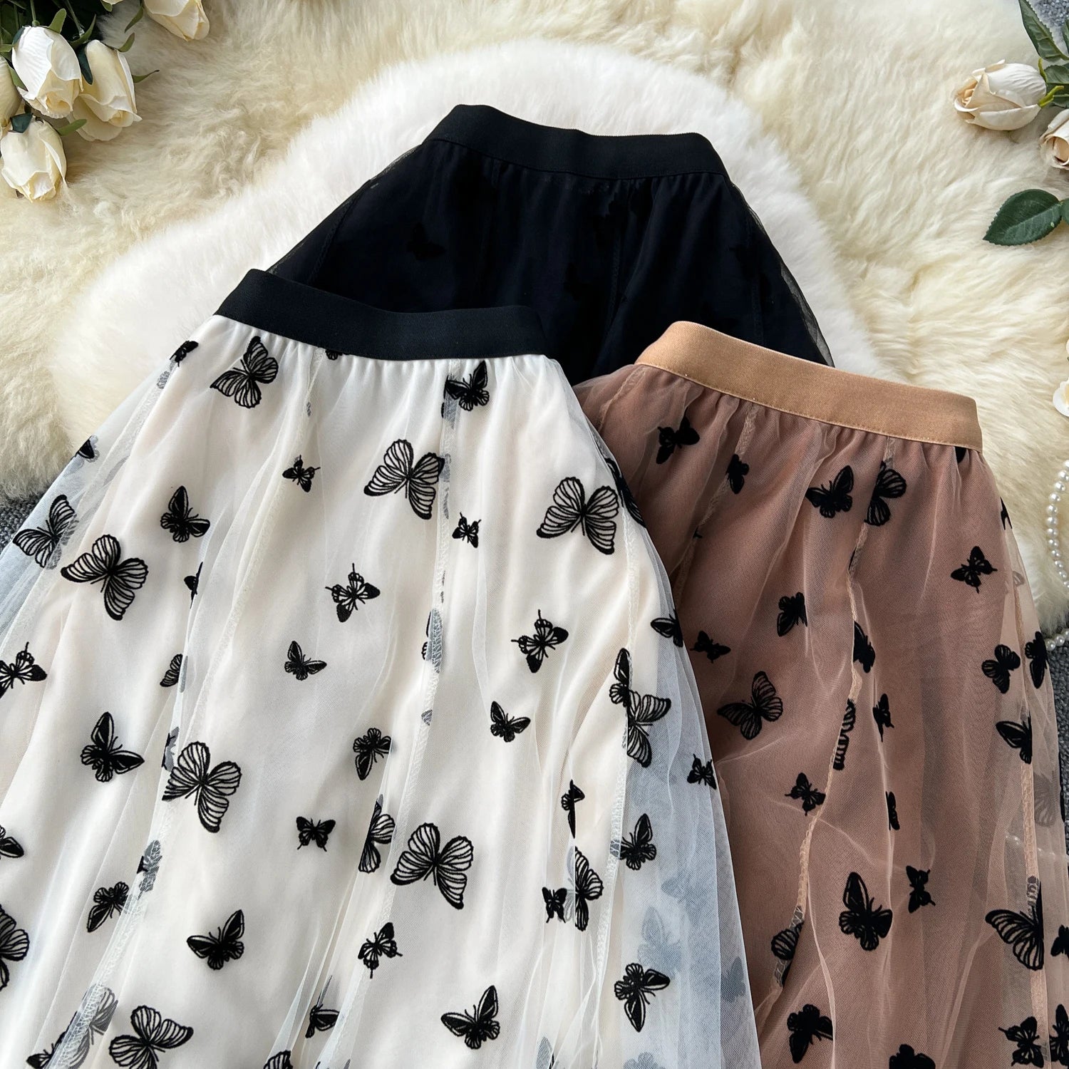 SINGREINY 2024 High Qulaity Embroidery Long Skirt Ladies Elastic Waist Butterfly Print Streetwear A Line Loose Mesh Party Skirt