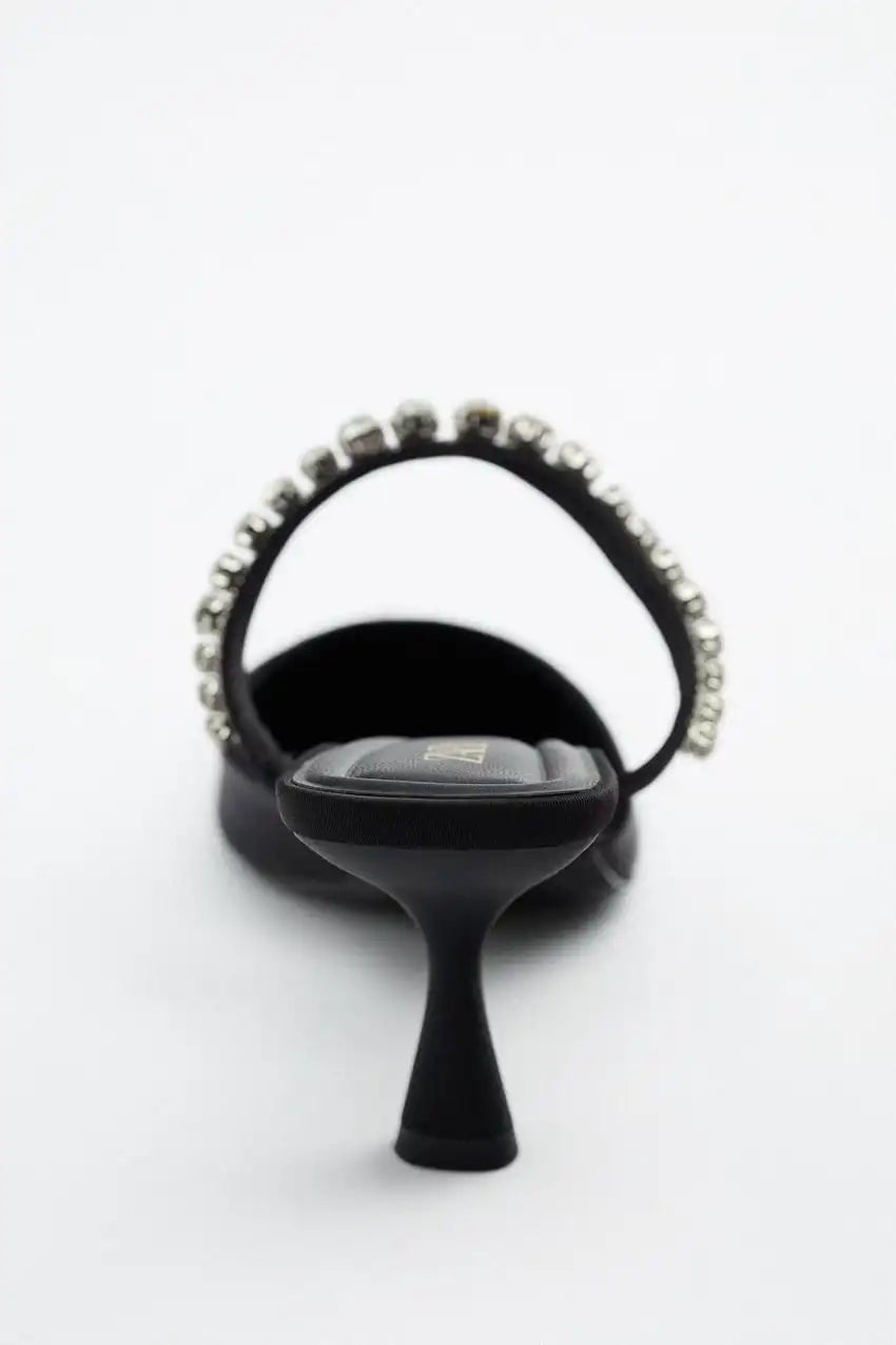 High Heel Sandals Summer 2022 New Pointed Toe Stiletto Black Sexy Ladies Sandals Rhinestone Sequins Big Size Slippers shoe woman