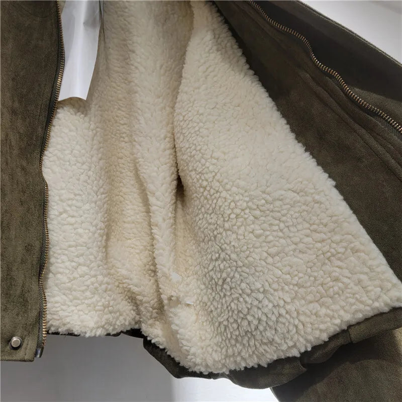 DEAT Women's Suede Coat Detachable Fur Collar Thick Plush Warm Female Short Style Jackets 2026 Winter New Fashion 29A3803