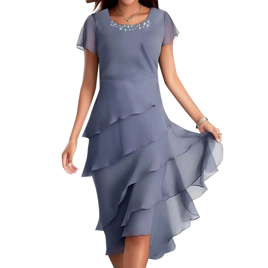 sexy chiffon puff short sleeve u neck midi dress elegant tierred layered slim fit summer dress stylish cocktail party dress