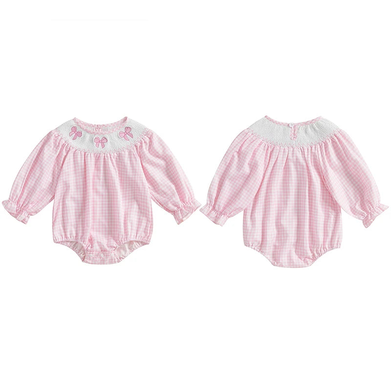 Newborn Baby Girls Cute Romper Bow Embroidery Plaid Long Sleeve Jumpsuits Infant Toddler Fashion Clothes