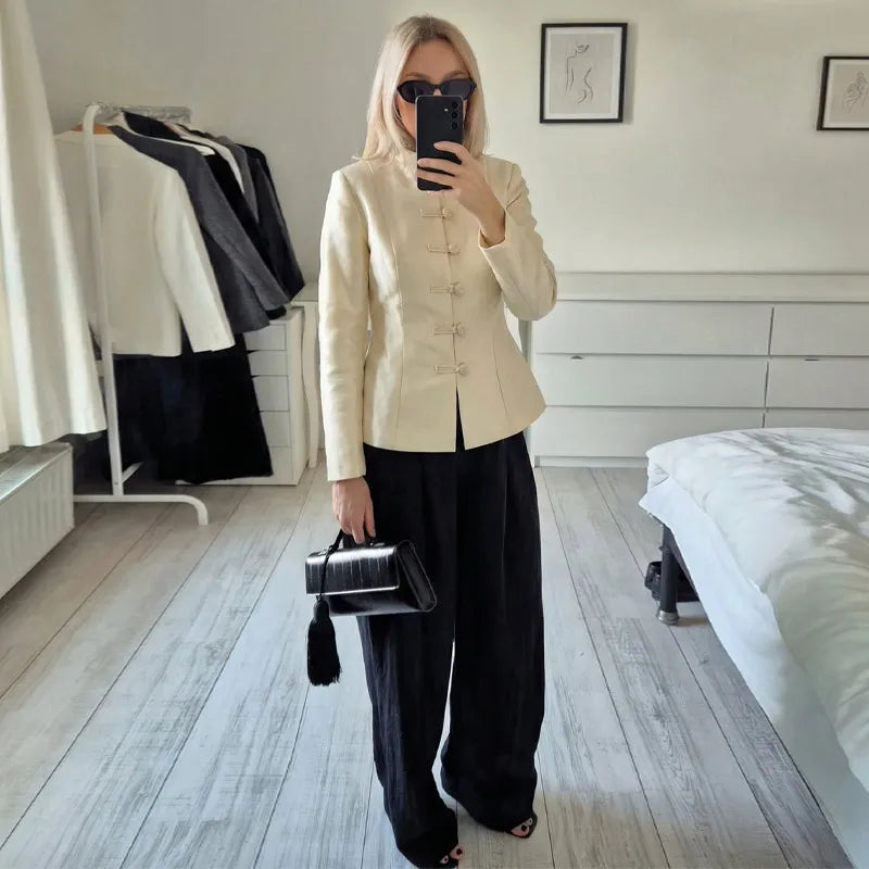 Vintage Stand Collar Velvet Frog Button Blazer Women Solid Long Sleeve Slim Cropped Jackets 2026 Spring Lady Fashion Outwear New