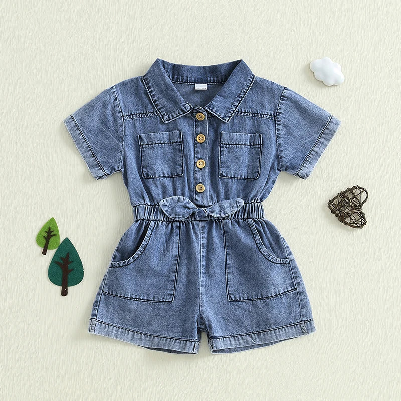 Toddler Girls Denim Overalls Shorts Short Sleeves Turn Down Collar Button Down Elastic Waist Jean Jumpsuit