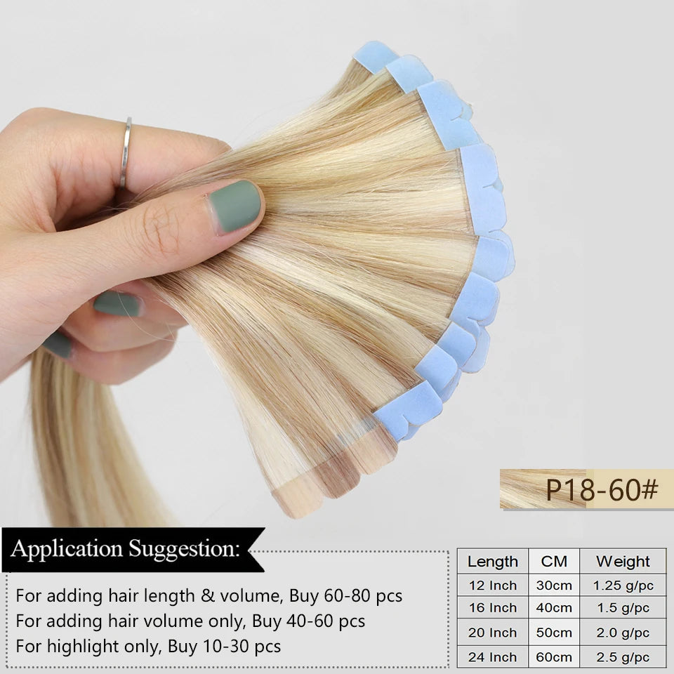 MRSHAIR Mini Tape Hair Extensions Human Hair Natural Tape in Hair Extentions 3x0.8cm Invisible Tape 10pcs/pack For Side Hair