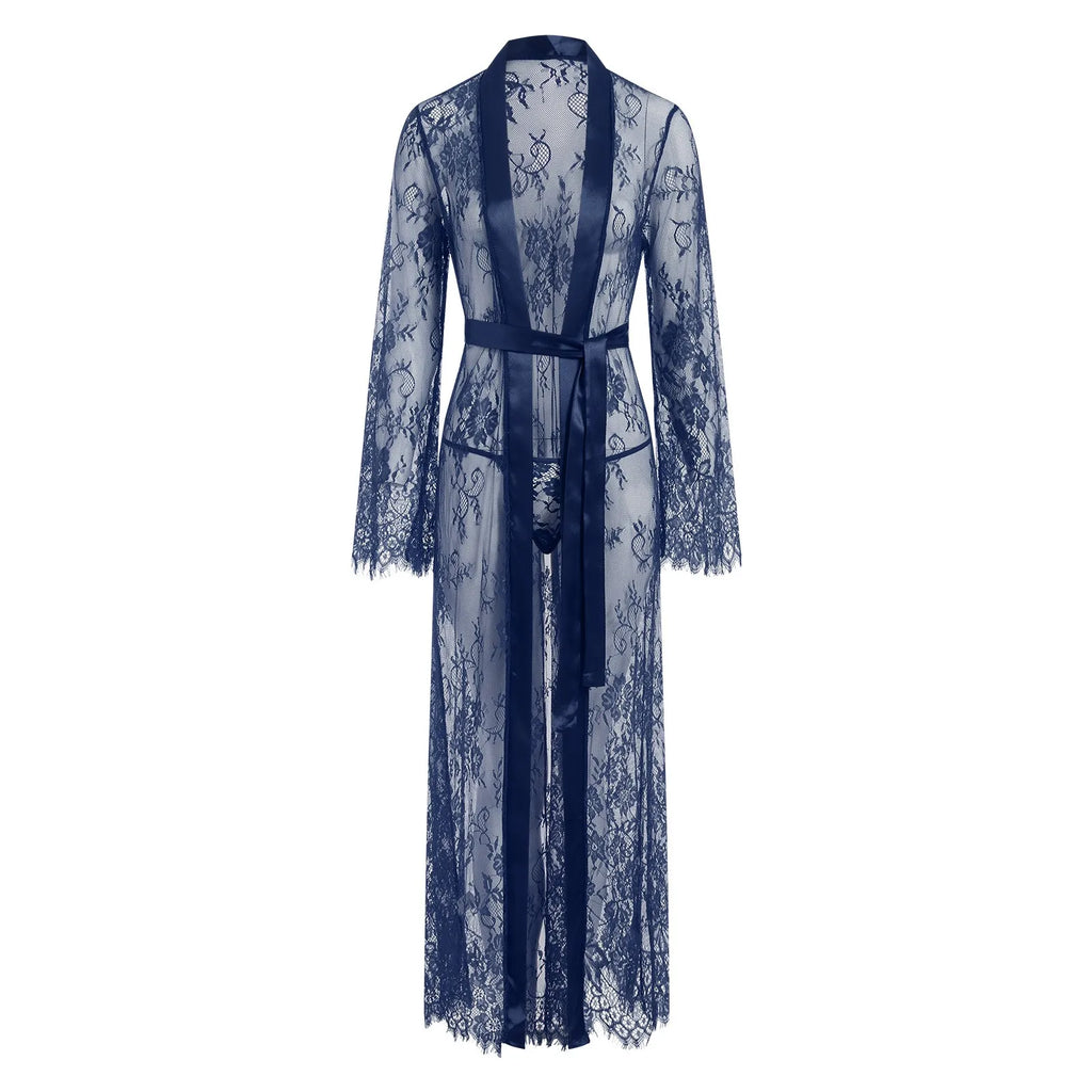 Women Nightgown Mesh See Through Nightdress Sexy Lingerie Lace Long Night Robe Gown Set Thong Long Sleeve Exotic Babydoll Dress