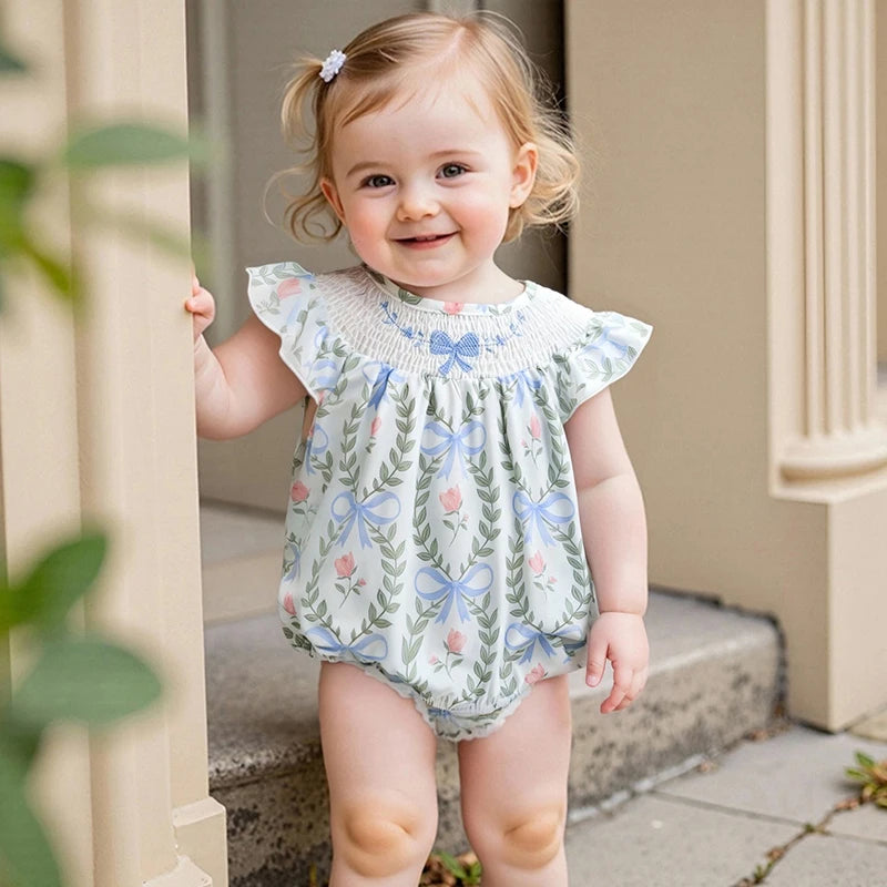 Adorable Baby Girls Jumpsuit Short Sleeve Round Neck Floral Print Toddler Romper for Playtime and Outings in Summer