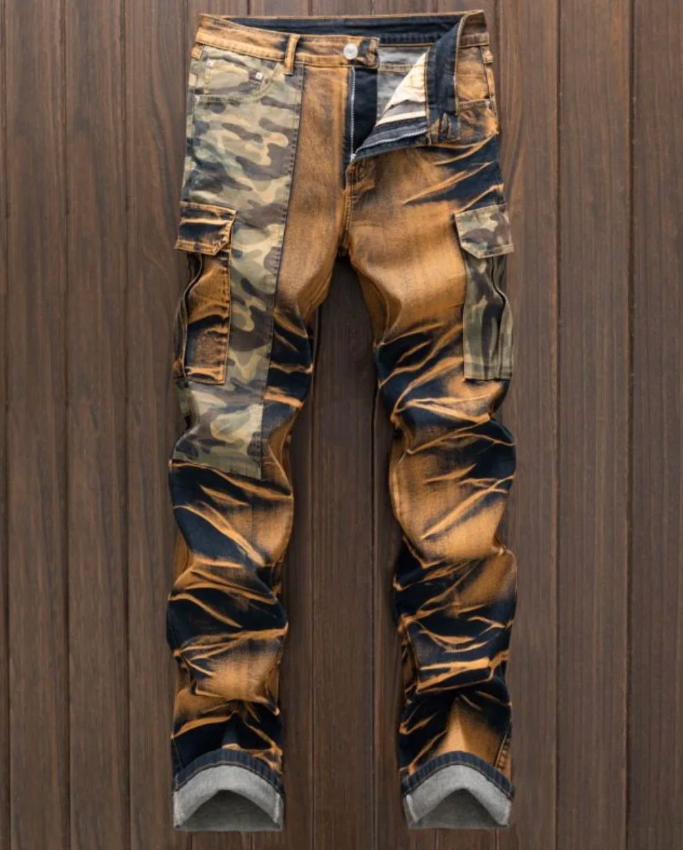 European and American new color contrast retro trend fashion old washed jeans