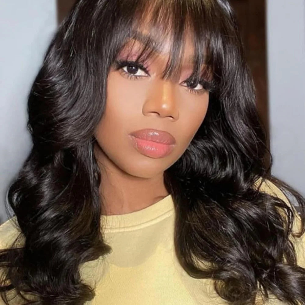 Body Wave Human Hair Wig with Bangs Middle Part 3x1 Lace Frontal Wig with Bangs Brazilian Human Hair Body Wave 34 Inch for Women
