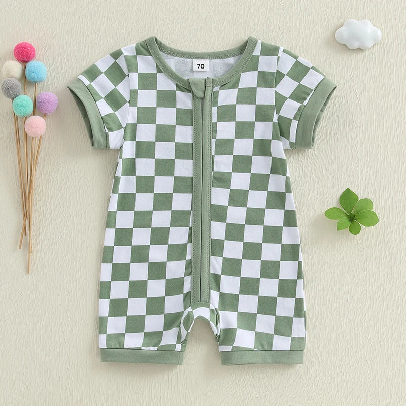 2025-02-06 Lioraitiin Baby Boys Summer Romper Checkerboard Print Short Sleeve Round Neck Zipper Front Jumpsuit