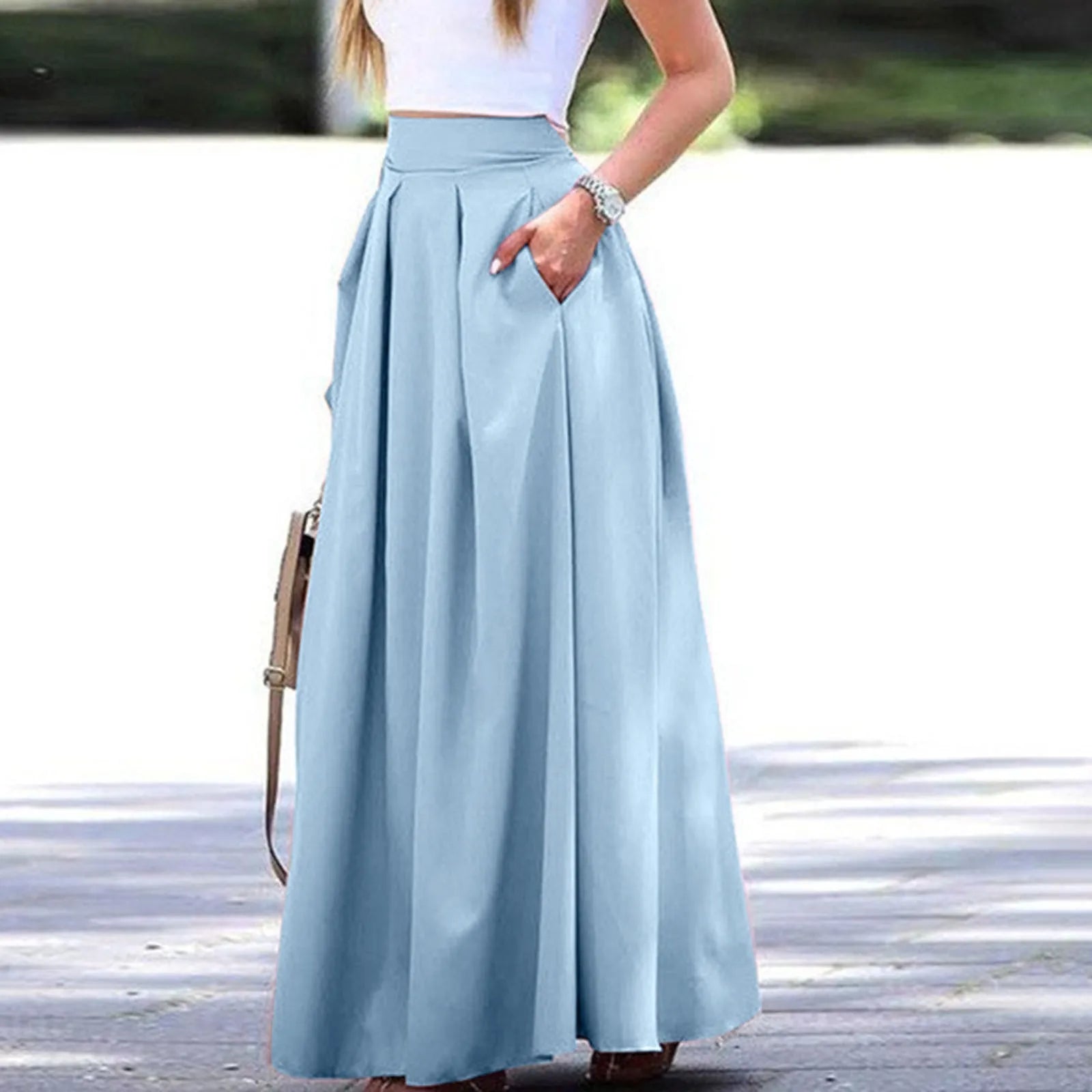 Vintage Low Rise Straight Skirts Women's Large Swing Solid Color High Waist Pleated Half Skirt With Pocket Summer Vacation Wear