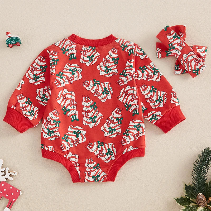 Toddler Baby Girls Sweatshirt Romper Christmas Tree Print Long Sleeve Jumpsuits and Cute Headband Set Infant