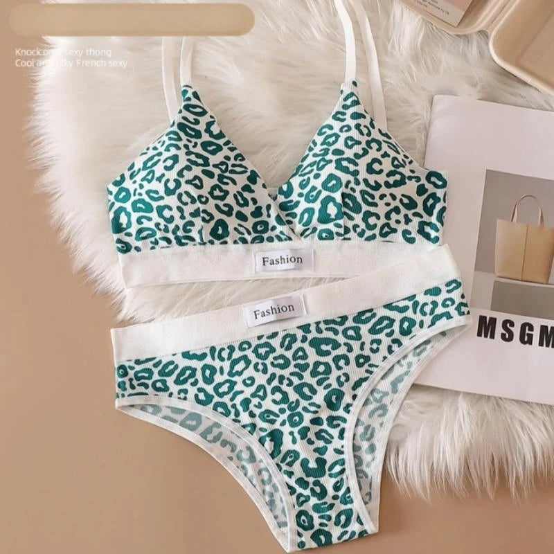 Women V-neck Bra And Panties Set Low Waist Panties Female Sexy Lingerie Set Leopard Print Cotton Bra Sport Underwear Set