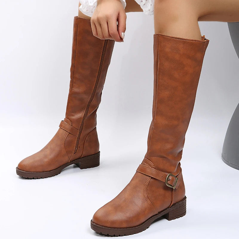 Vintage Brown Women Knee High Boots Big Size Low Heels Platform Long Boots Autumn Winter Pu Leather  Women Warm Booties