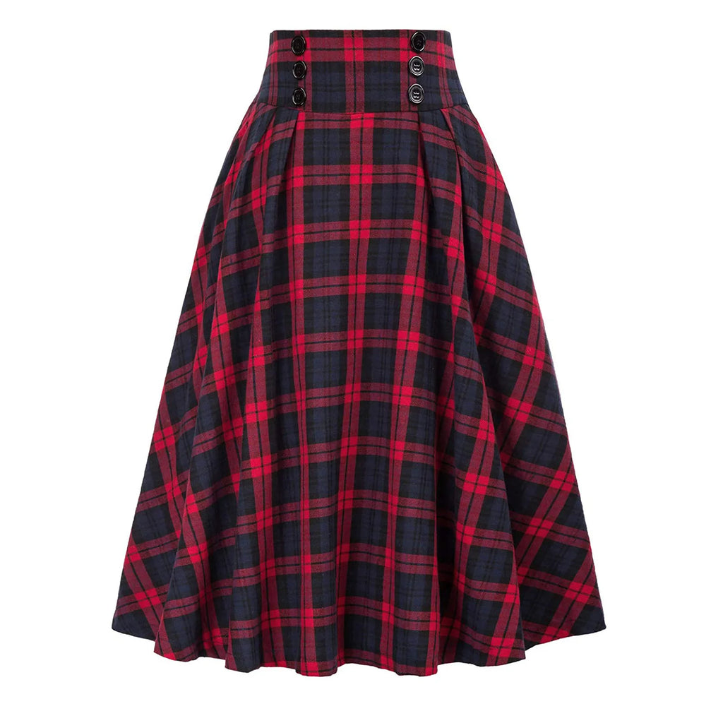 High Waisted Plaid Large Swing Skirt, Fashionable Women's Plaid Elastic Waisted A-line Skirt