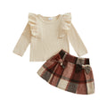 Lioraitiin Toddler Girls Autumn 2PCS Skirt Outfits Flying Sleeve Solid Color Tops A-line Plaid Skirt Set