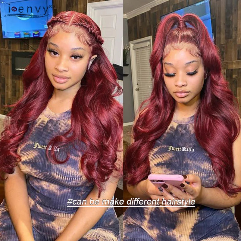13X4 HD Transparent Lace Front Wigs Burgundy Red Human Hair Wigs PrePlucked 13X6 32Inch Body Wave Lace Front Wig For Women Curly