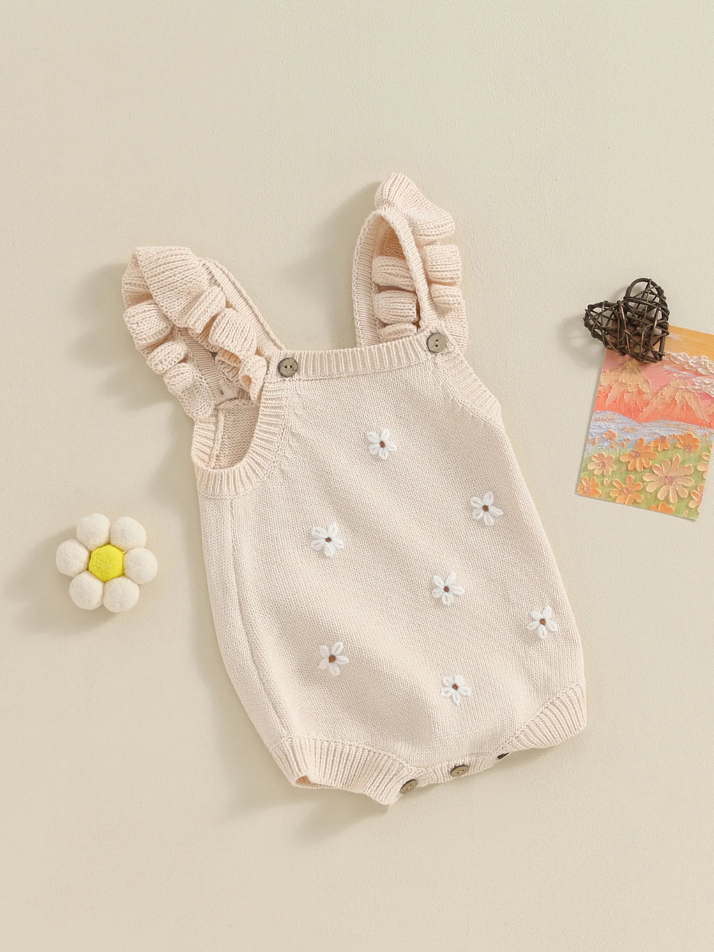 Lioraitiin Newborn Baby Girls Knitted Rompers Spring Summer Toddler Kids Ruffles Floral Embroidery Jumpsuits Playsuits Clothes