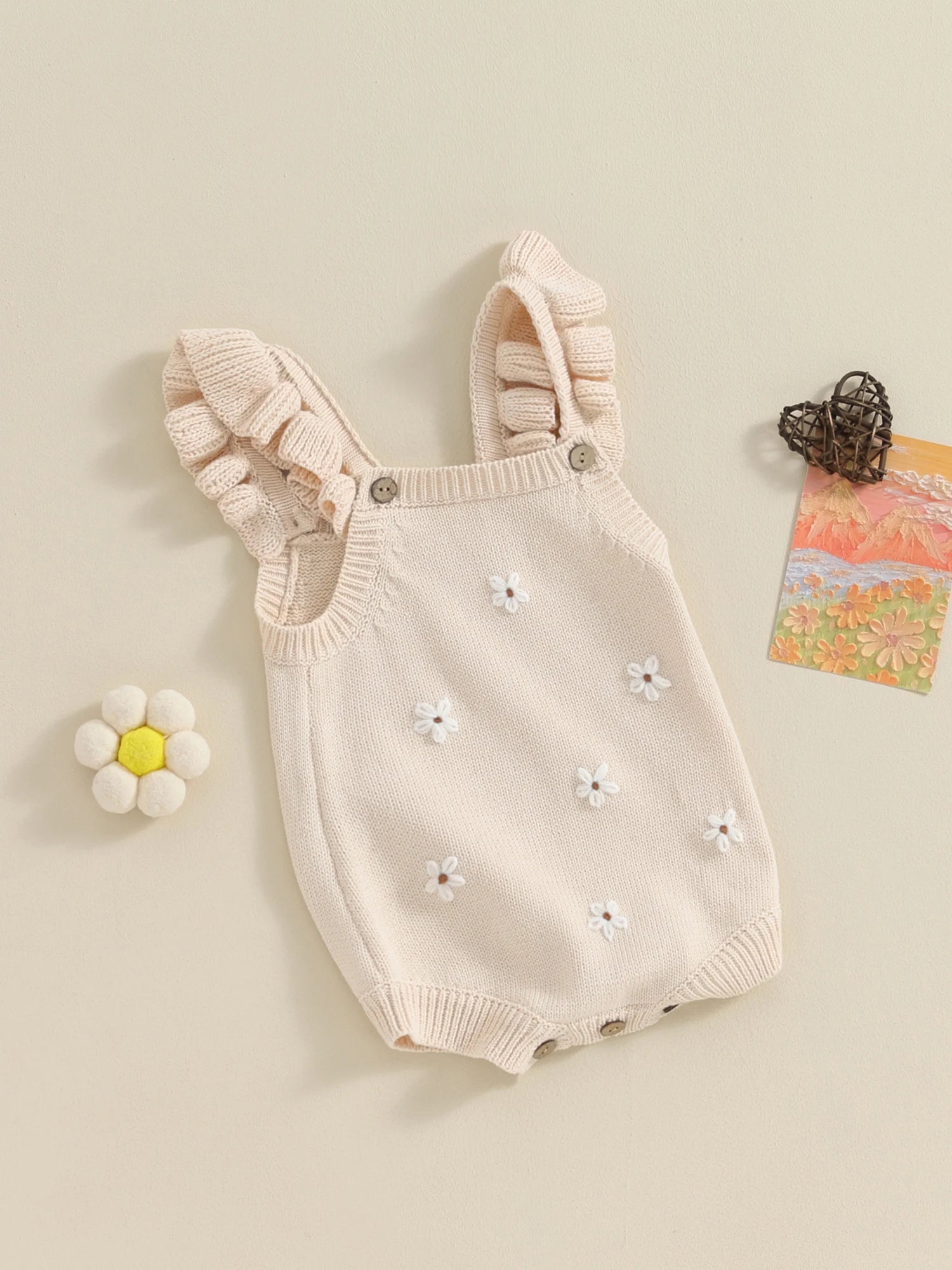 Lioraitiin Newborn Baby Girls Knitted Rompers Spring Summer Toddler Kids Ruffles Floral Embroidery Jumpsuits Playsuits Clothes