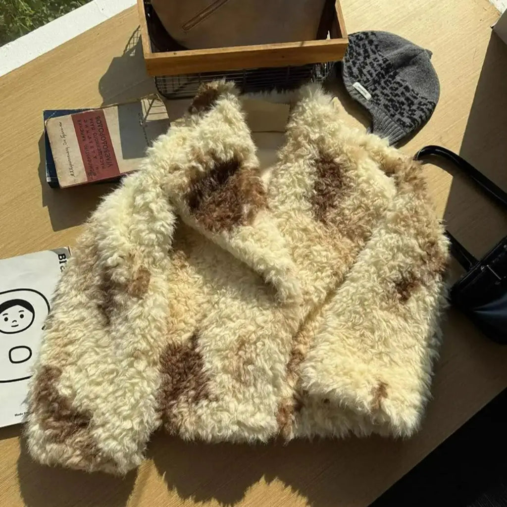 HIGH QUALITY Winter Large Lapel Curly Lamb Fur Coat Long sleeve Warm Shaggy Tie dye Gradient Faux Fur Jacket Loose Outerwear