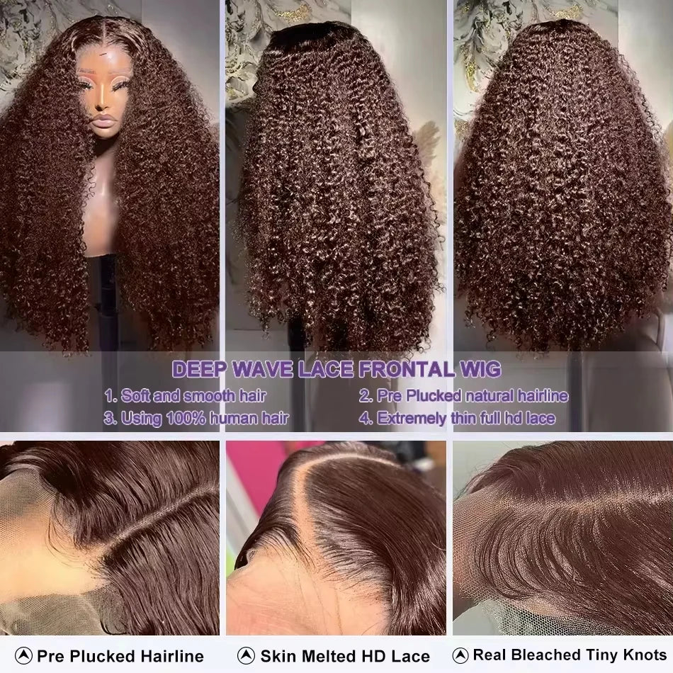 36 Inch Chocolate Brown Deep Wave Lace Front Human Hair Wig 13x4 Hd Lace Frontal Wig For Women 13x6 Water Curly Wigs 250 Density