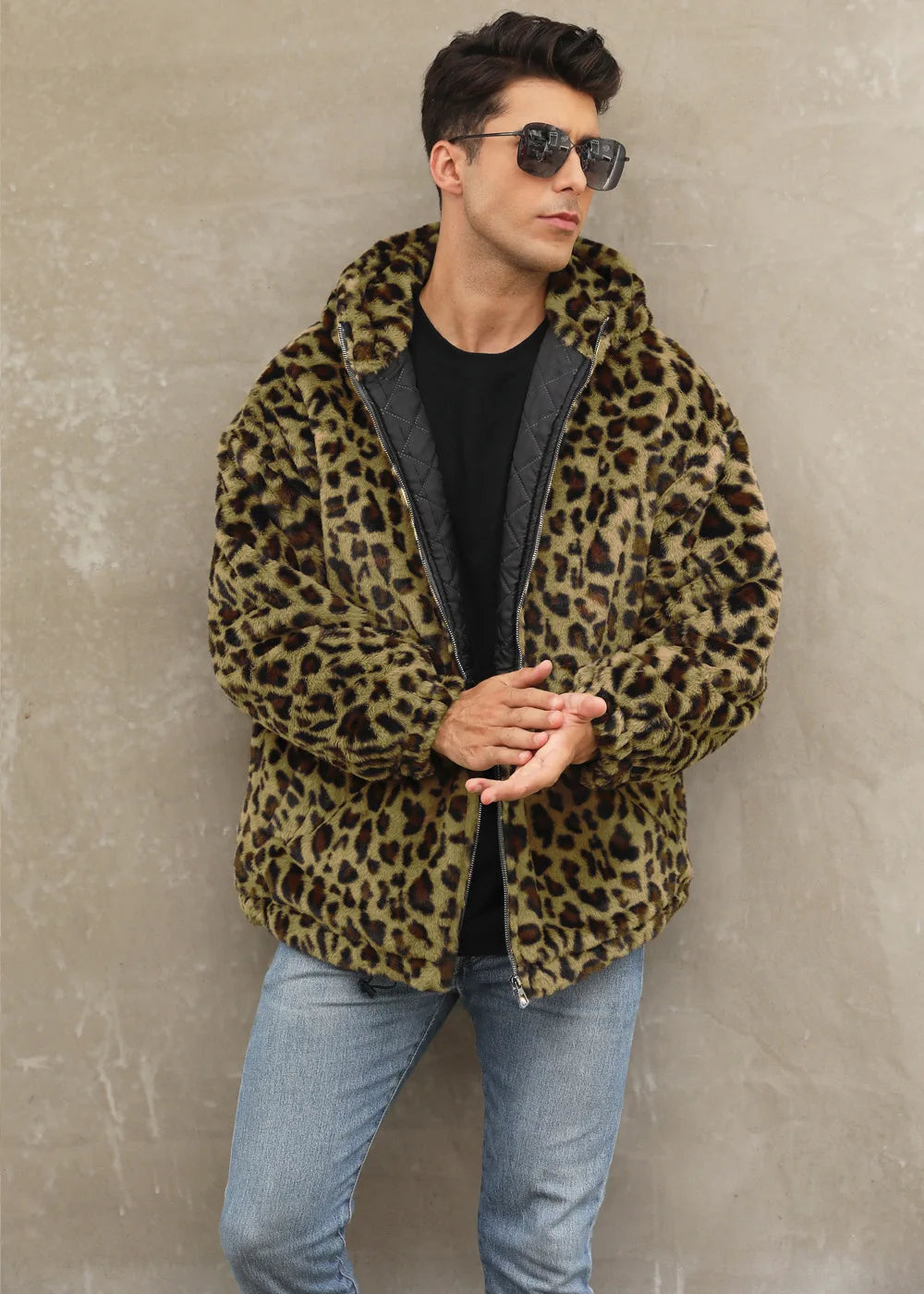Autumn and Winter Warm Plush Leopard Print Jacket Imitation Fur Zipper Hooded Jacket for Men