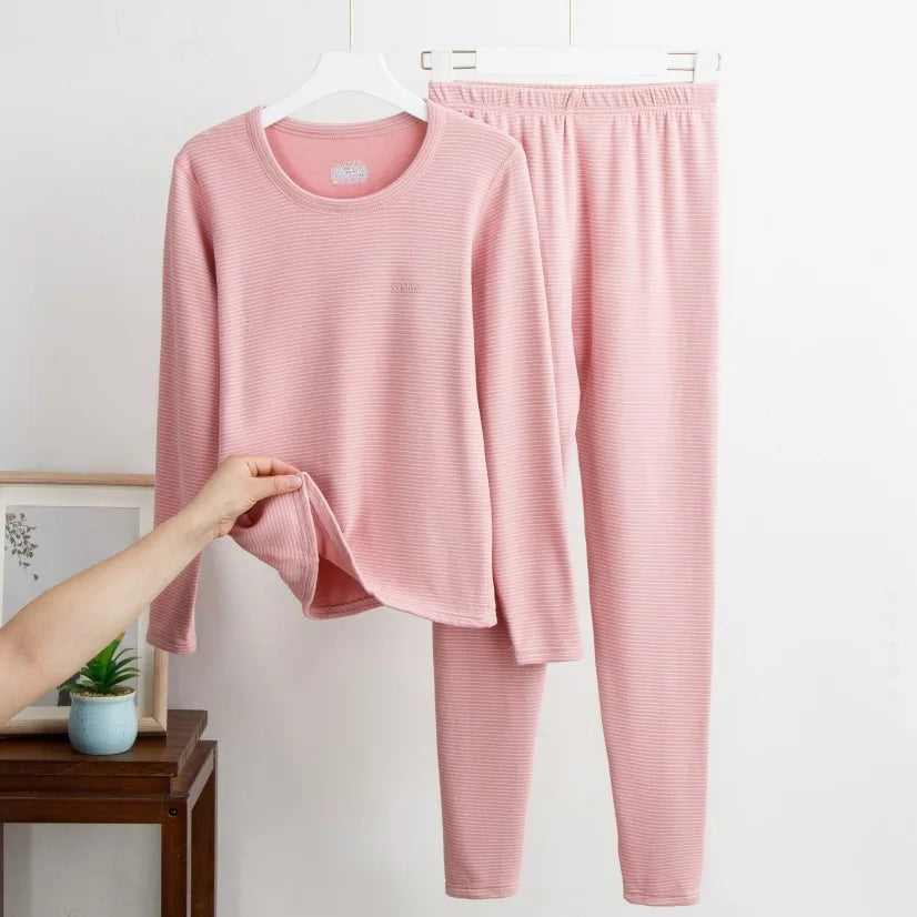 New Autumn/Winter Cashmere and Silk Round-Neck Thermal Set Striped Thermal Underwear for Men and Women Base Layer Undergarments
