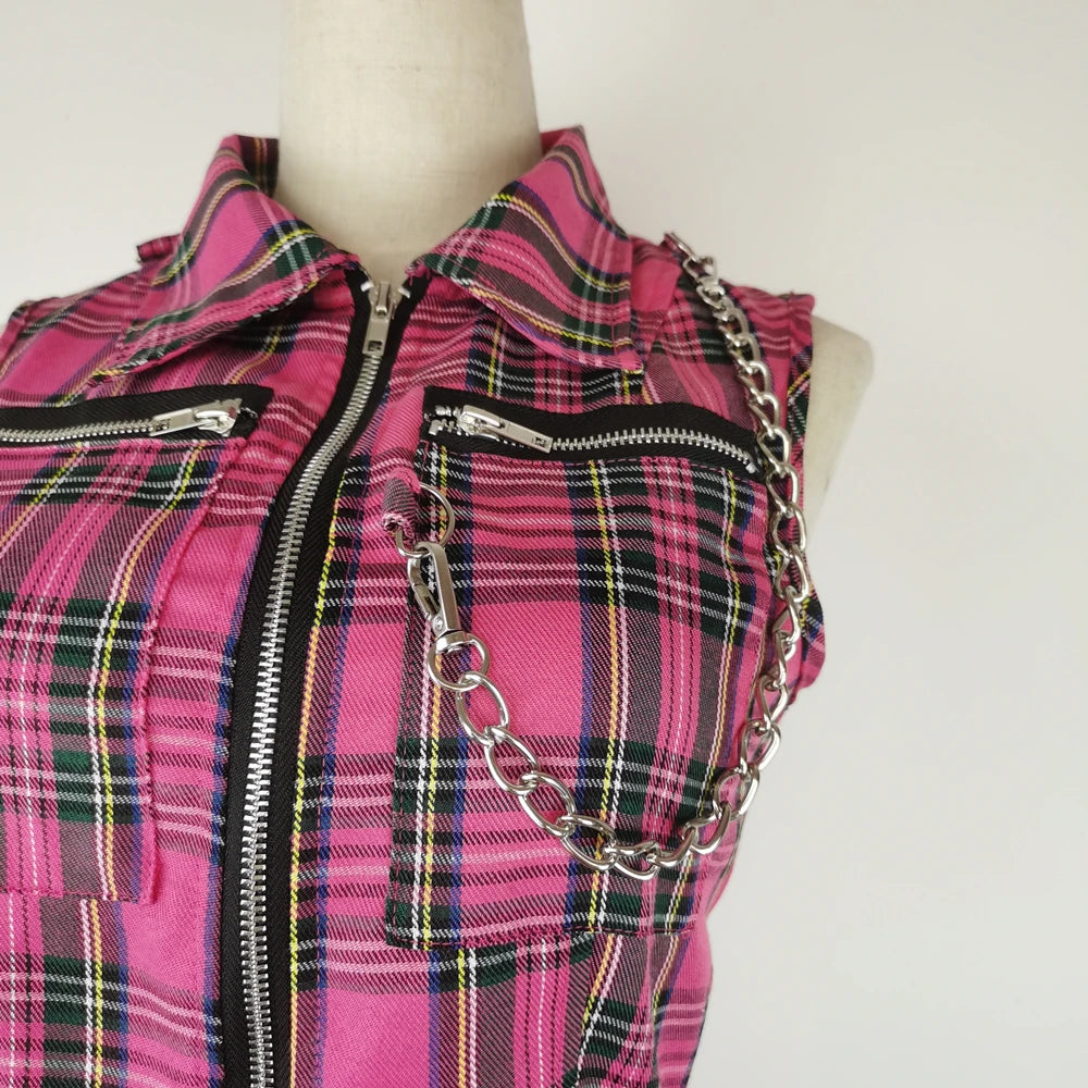 Women Pink Sexy Punk Gothic Zipper Sleeveless Suit Sweet Personality Chain Sleeveless Short T-shirt Streetwear Plaid Skirts