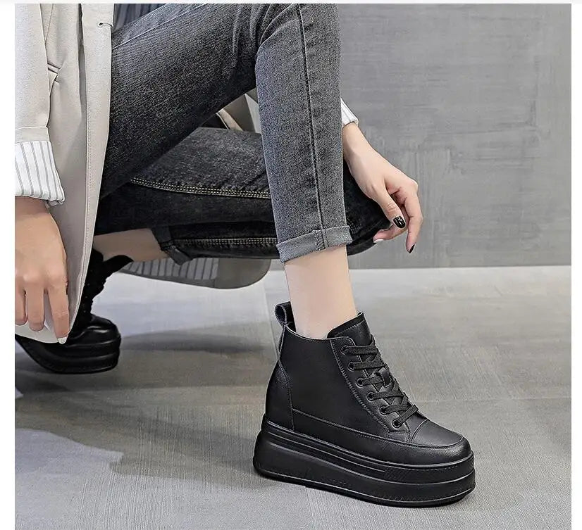 Women High Top Sneakers Platform Breathable Genuine Leather Shoes Spring Lady Wedges Casual Shoes For Woman Sports Dad Shoes 9CM