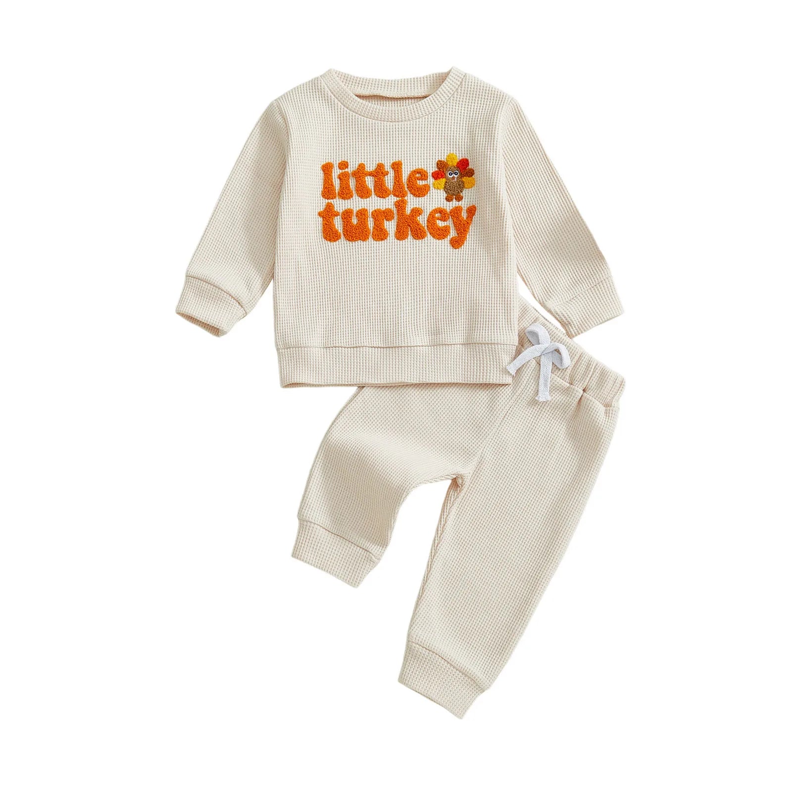 Toddler Baby Boys Thanksgiving Outfit Turkey Letter Embroidery Long Sleeve Pullover Elastic Waist Solid Pants 2Pcs Waffled Set
