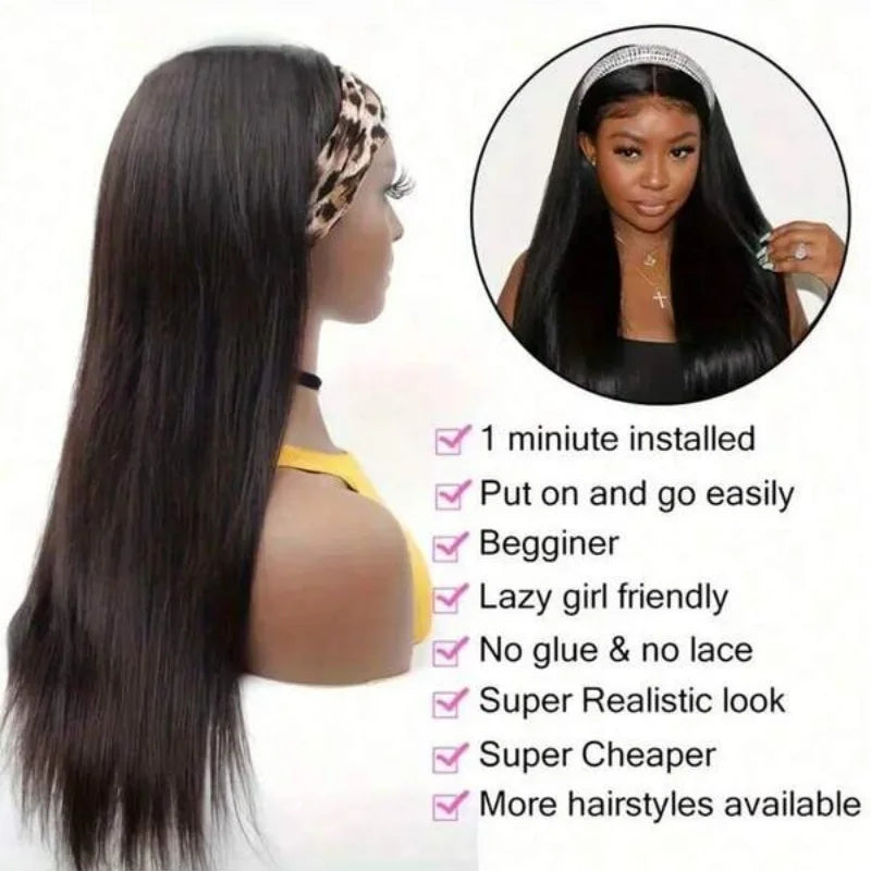 40 Inch Straight Headband Wigs Human Hair Machine Made Hair Wigs For Women 250% Density No Lace Front Wigs Brazilian Virgin Hair