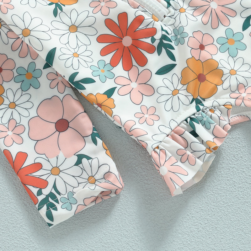 Lioraitiin Summer Kids Baby Girl Swimsuits Floral Long Sleeve Zipper Ruffles Jumpsuit Swimwear Beachwear Bathing Suits