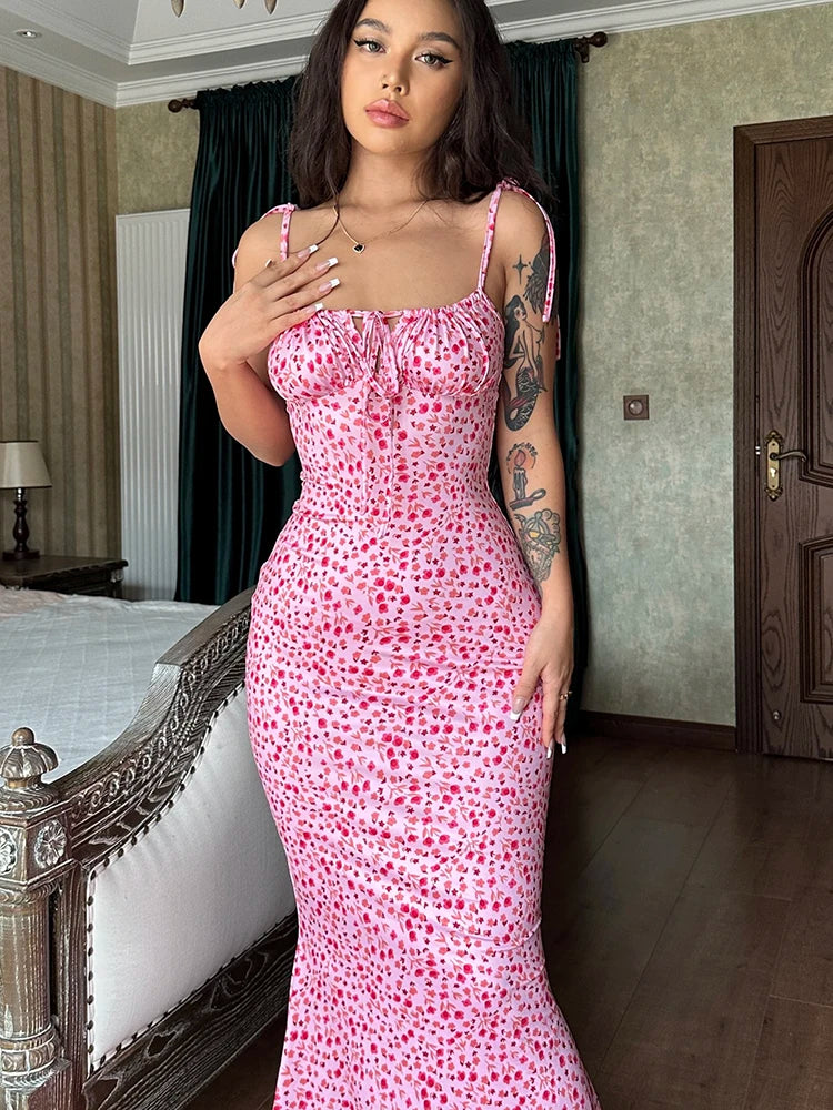 Dulzura Women Floral Print  Sleeveless Bodycon Maxi Dress Outfits Birthday Party Club Clothes