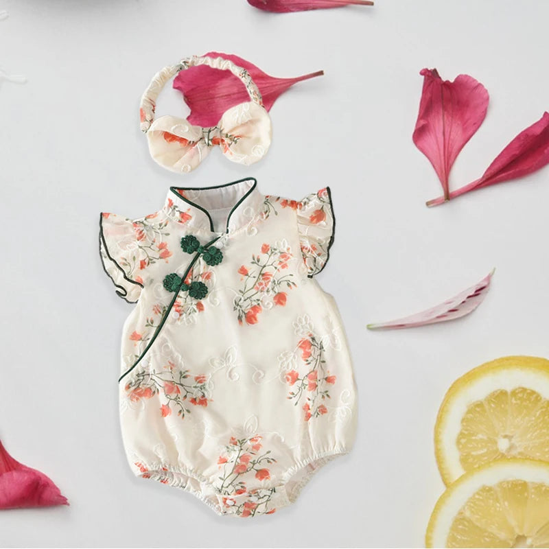 Toddler Girls Traditional Chinese Dress Set with Embroidered Floral Romper Matching Headband and Stylish Summer Outfit for a
