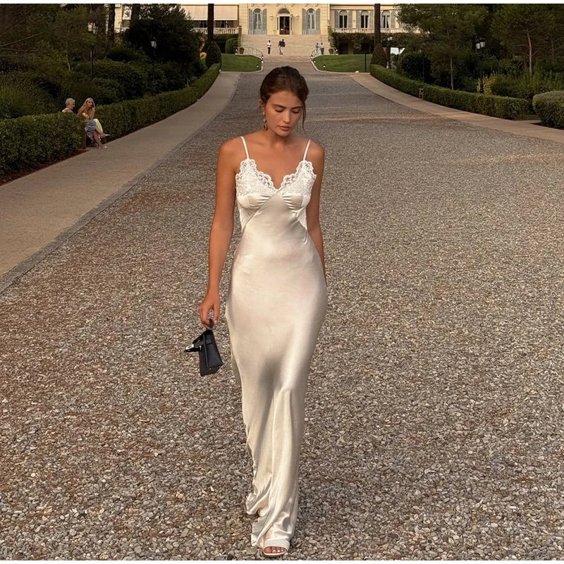 Lace Patchwork Sling Maxi Dress Women Sexy Solid V-neck Sleeveless Backless Satin Slim Dresses 2026 Lady Chic Party Evening Gown