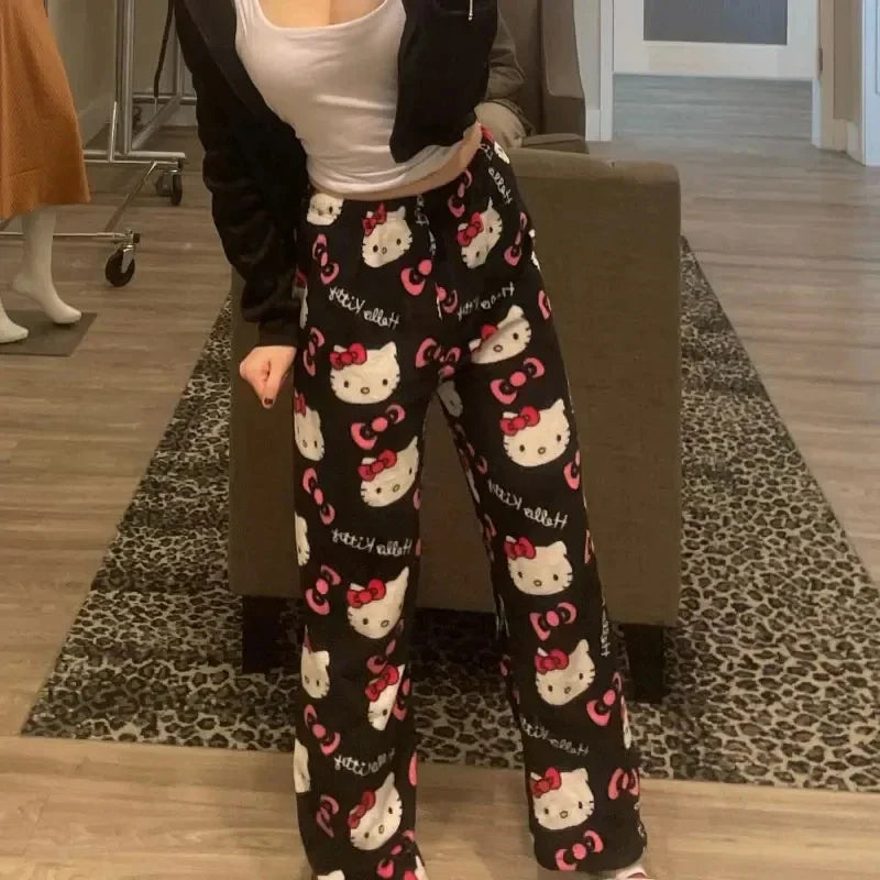 Y2K Hello Kitty pajamas anime women's pajamas cartoon couple walking home pajamas trousers casual homewear