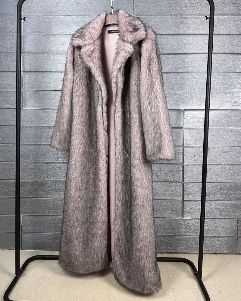 DEAT 2025 winter new fashion high quality Fox Faux Fur long Coat for Women Suit Collar solid color thick warm jacket 11A06914