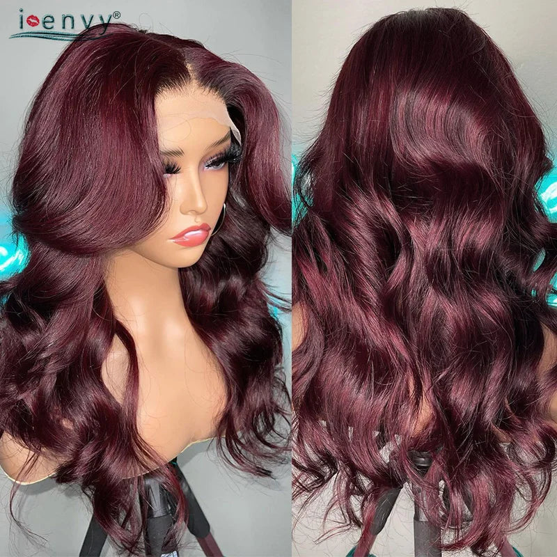 13X4 HD Transparent Lace Front Wigs Burgundy Red Human Hair Wigs PrePlucked 13X6 32Inch Body Wave Lace Front Wig For Women Curly