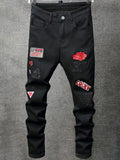 Men's slim fit jeans embroidered elastic straight leg denim pants