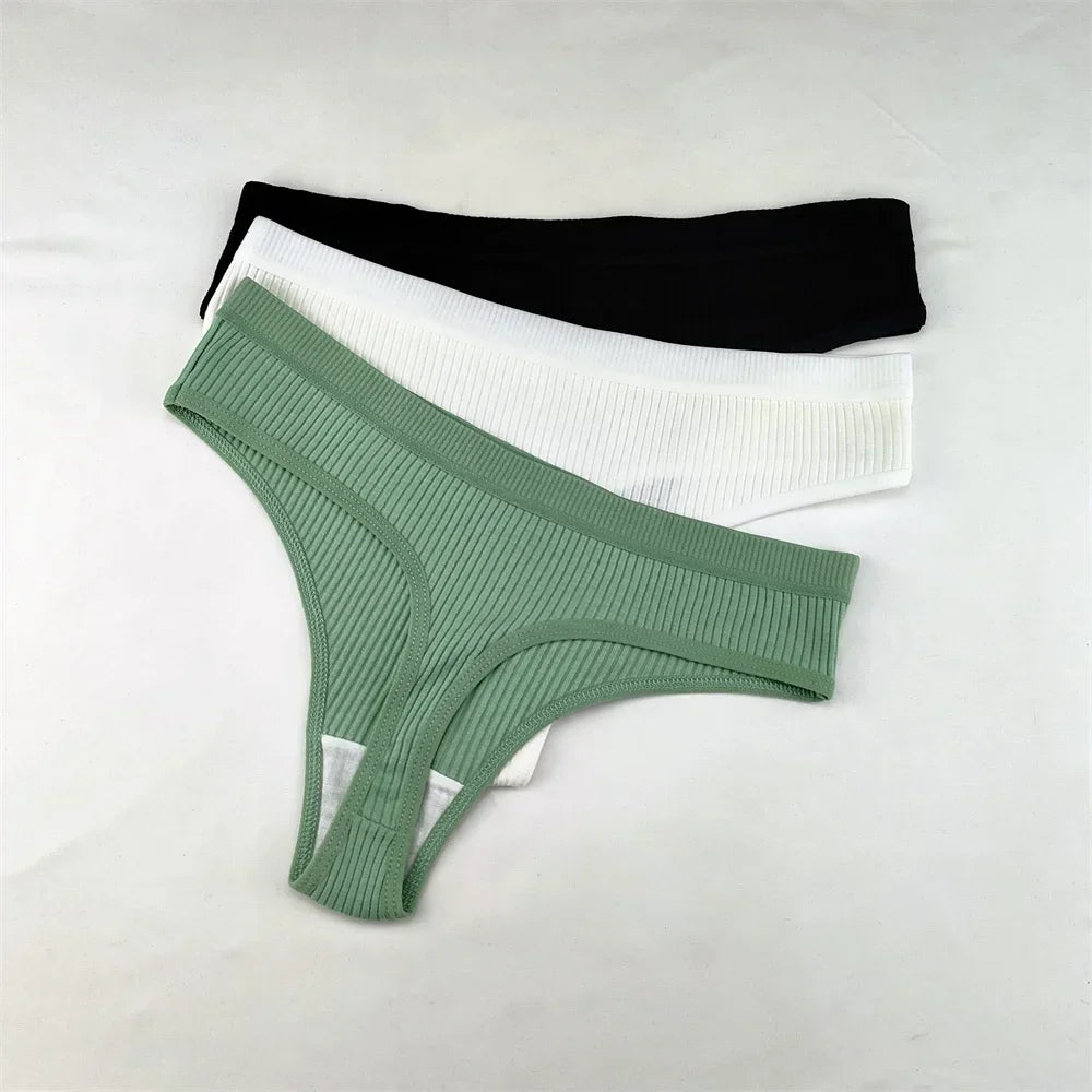 3Pcs/Set Women Thong G String Soft Ribbed Cotton Brazilian Panties Solid Color Low Rise Underwear Female Intimates Lingerie