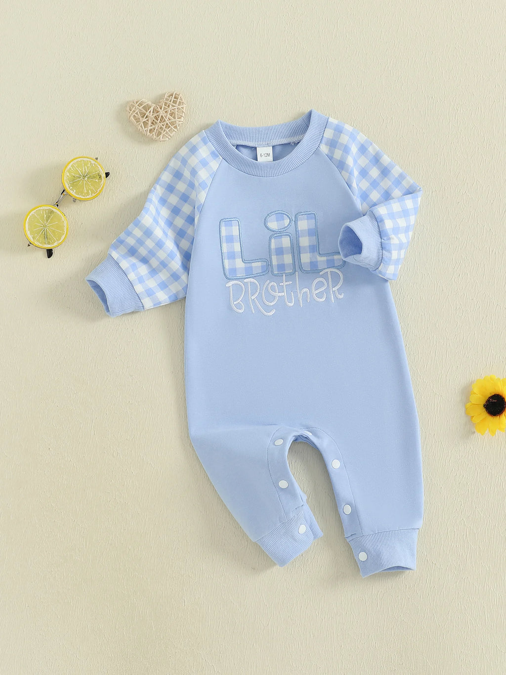 Baby Boy Fall Romper Plaid Print Letter Embroidery Long Sleeve Round Neck Full Length Jumpsuit