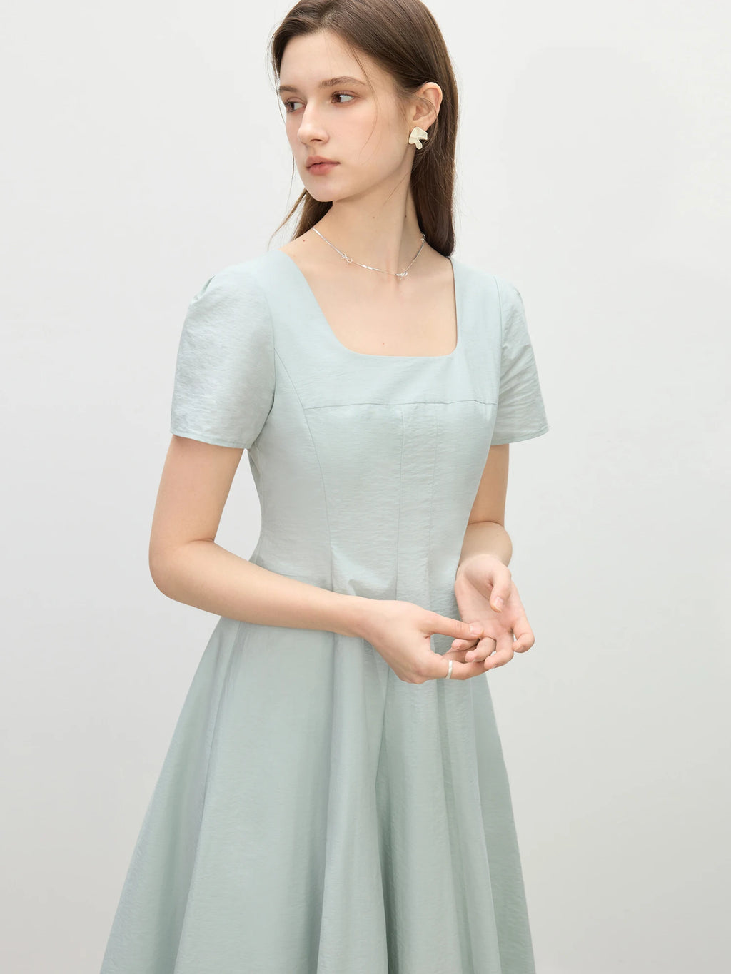 FSLE Gentle Temperament High Waist Short Sleeve Square Collar A-line Dress Female Summer 2025 New Arrival Long Dress 25FS12104