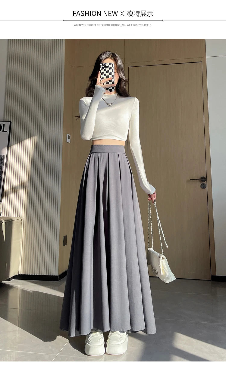 Beiyingni Women Long Suit Maxi Pleated Black Skirts Korean Fashion 2024 Autumn High Waist Slim A-line Skirt Ladies Gray Faldas